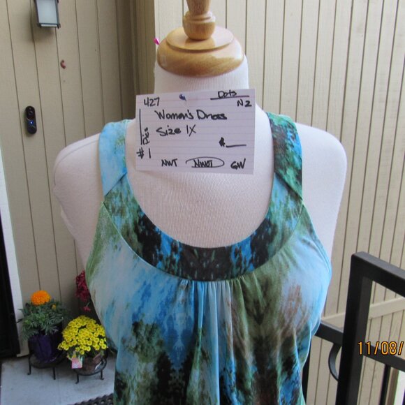 #427  NEW WOMAN'S LONG BLUE/GREEN SUMMER DRESS BY DOTS  (SIZE 16) - Picture 3 of 3